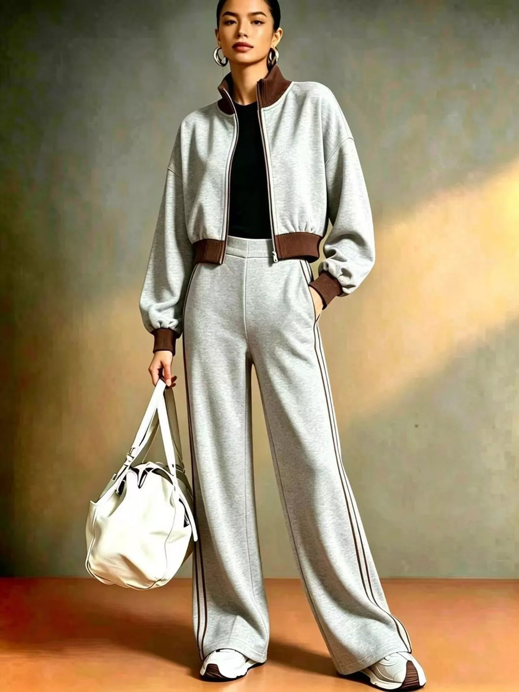 Contrast Ribbed Jacket and Wide-Leg Pants Tracksuit Set