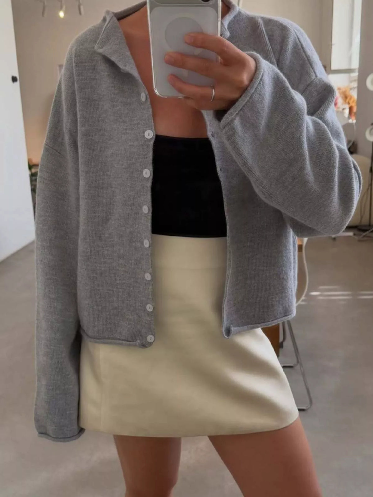 Mock Neck Button-Down Knit Cardigan