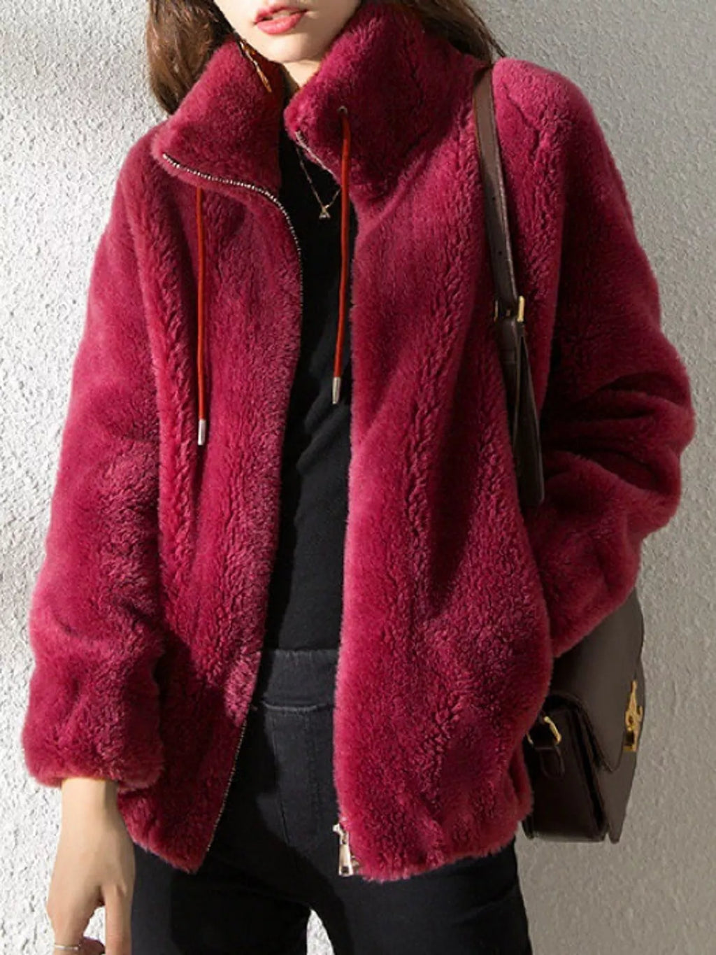Full Size Drawstring Faux Fur Stand-Collar Zip-Up Outerwear Plus Size