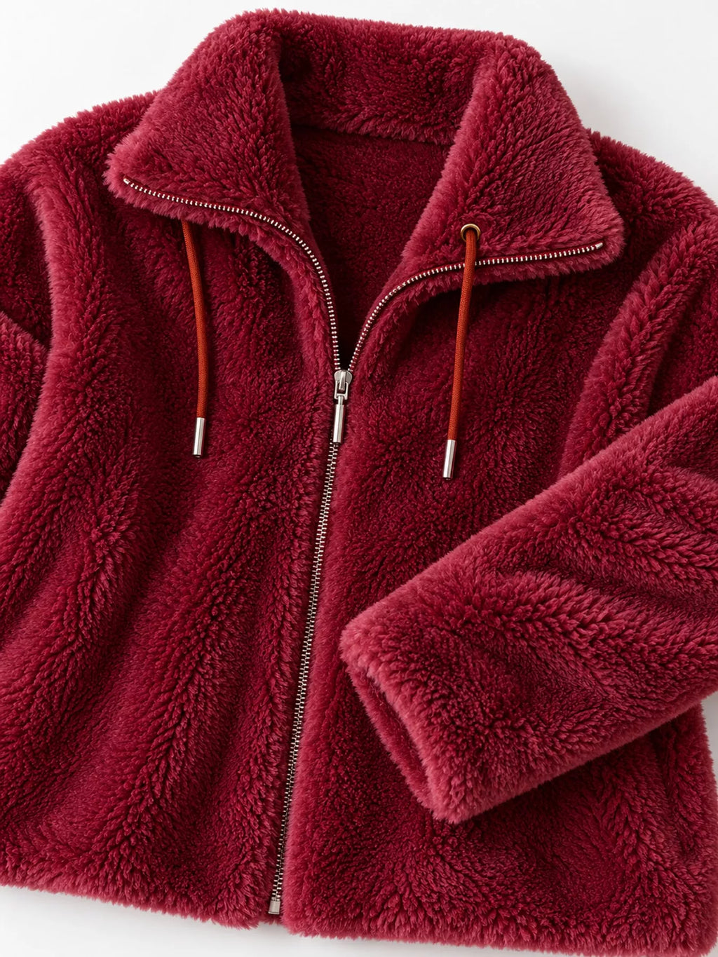 Full Size Drawstring Faux Fur Stand-Collar Zip-Up Outerwear Plus Size