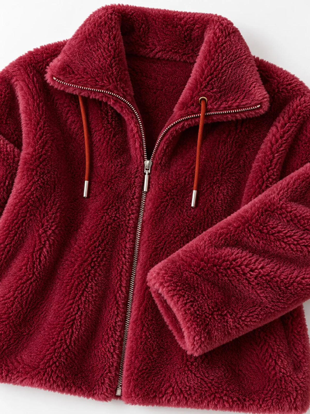Full Size Drawstring Faux Fur Stand-Collar Zip-Up Outerwear Plus Size