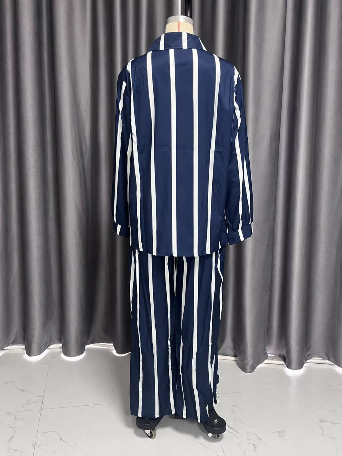 Striped Button-Down Shirt and Wide-Leg Pants Two-Piece Set