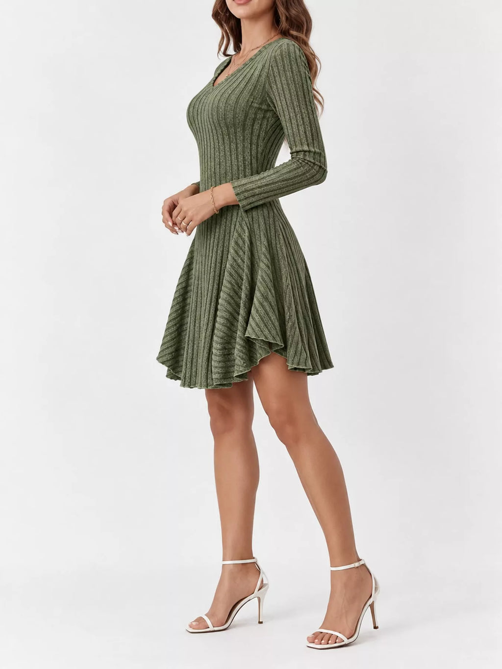 V-Neck Ribbed Knit A-Line Dress