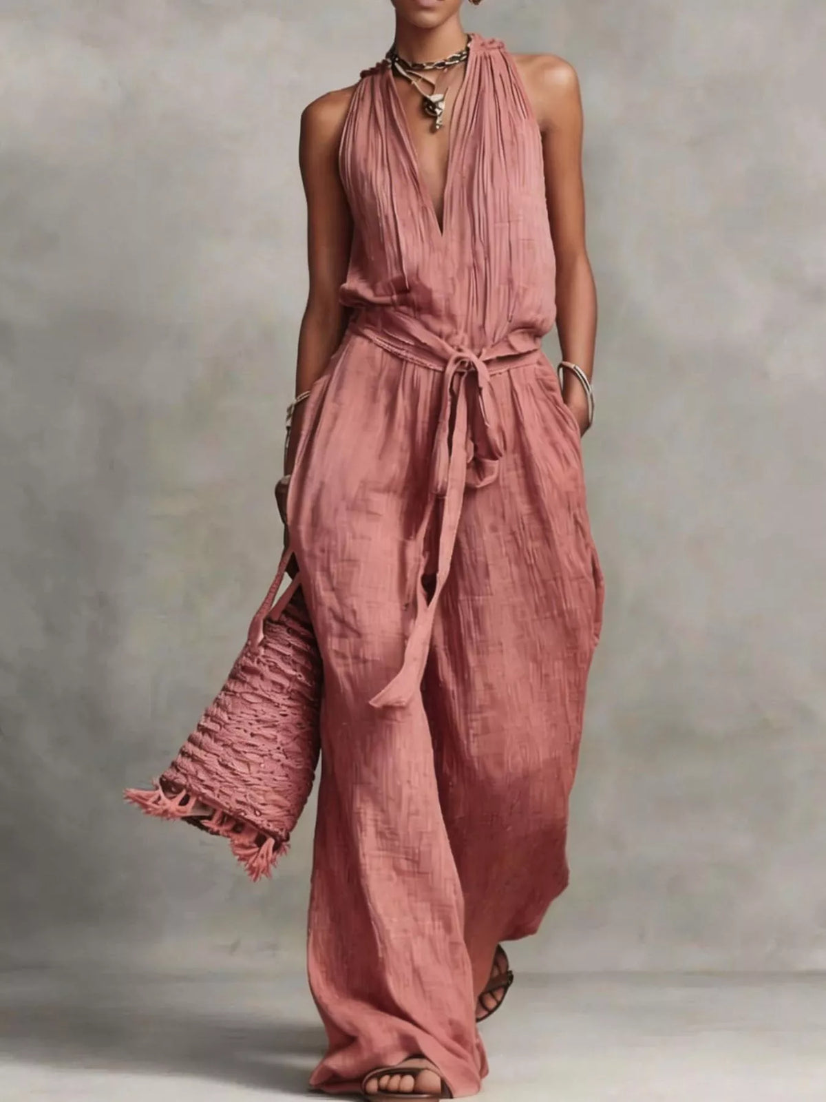 Sleeveless Wide-Leg Jumpsuit with Tie-Waist