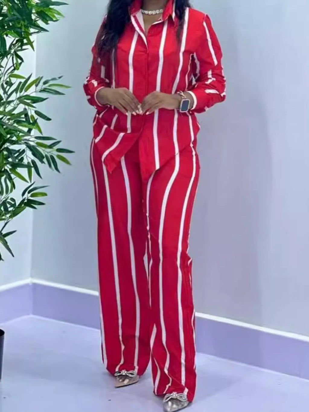 Striped Button-Down Shirt and Wide-Leg Pants Two-Piece Set