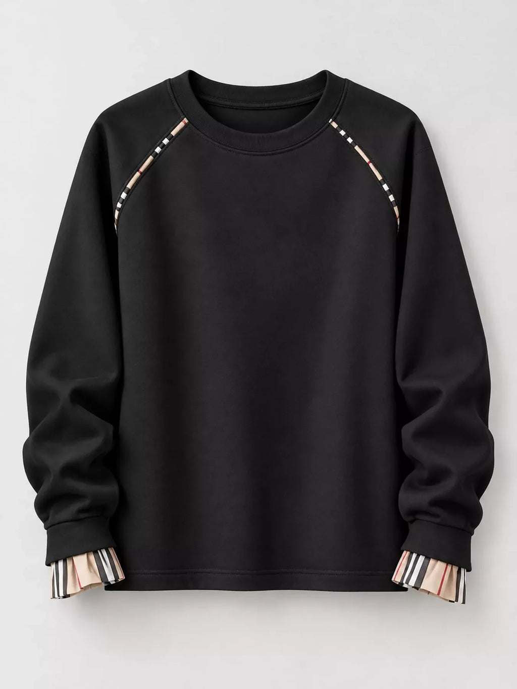 Plaid-Trimmed Crew Neck Sweatshirt