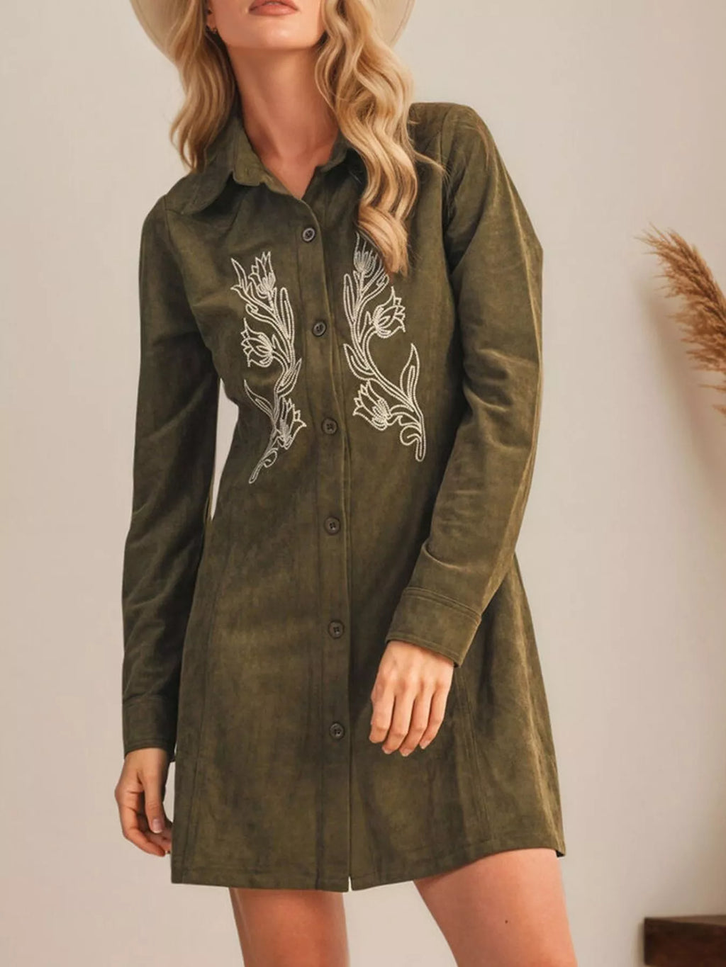 Floral Embroidered Button-Down Shirt Dress