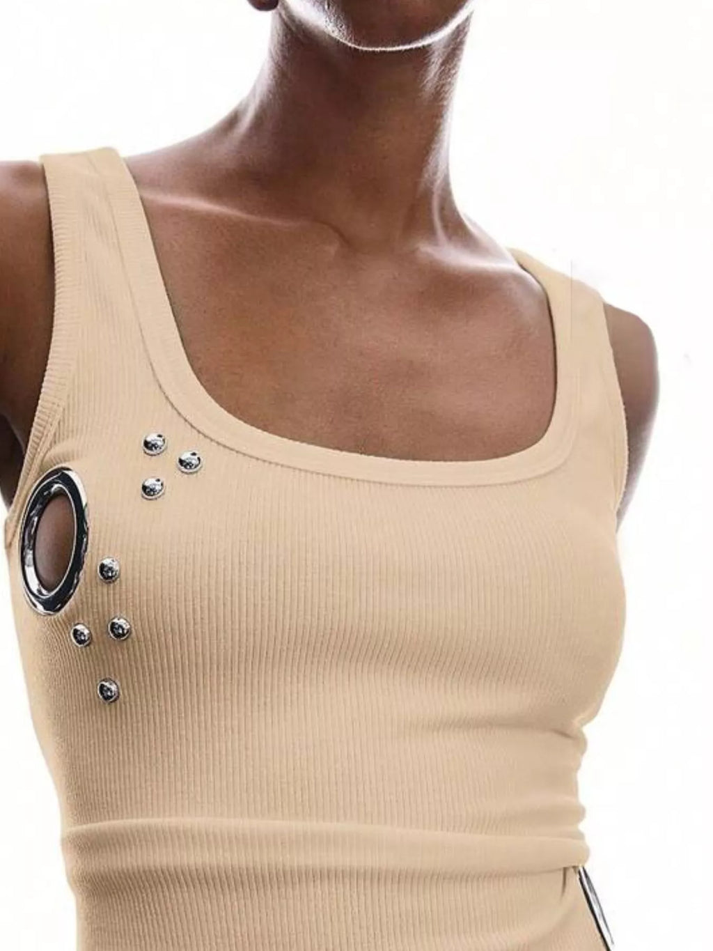 Ribbed Tank Top with Metal Grommet Cutouts and Stud Embellishments