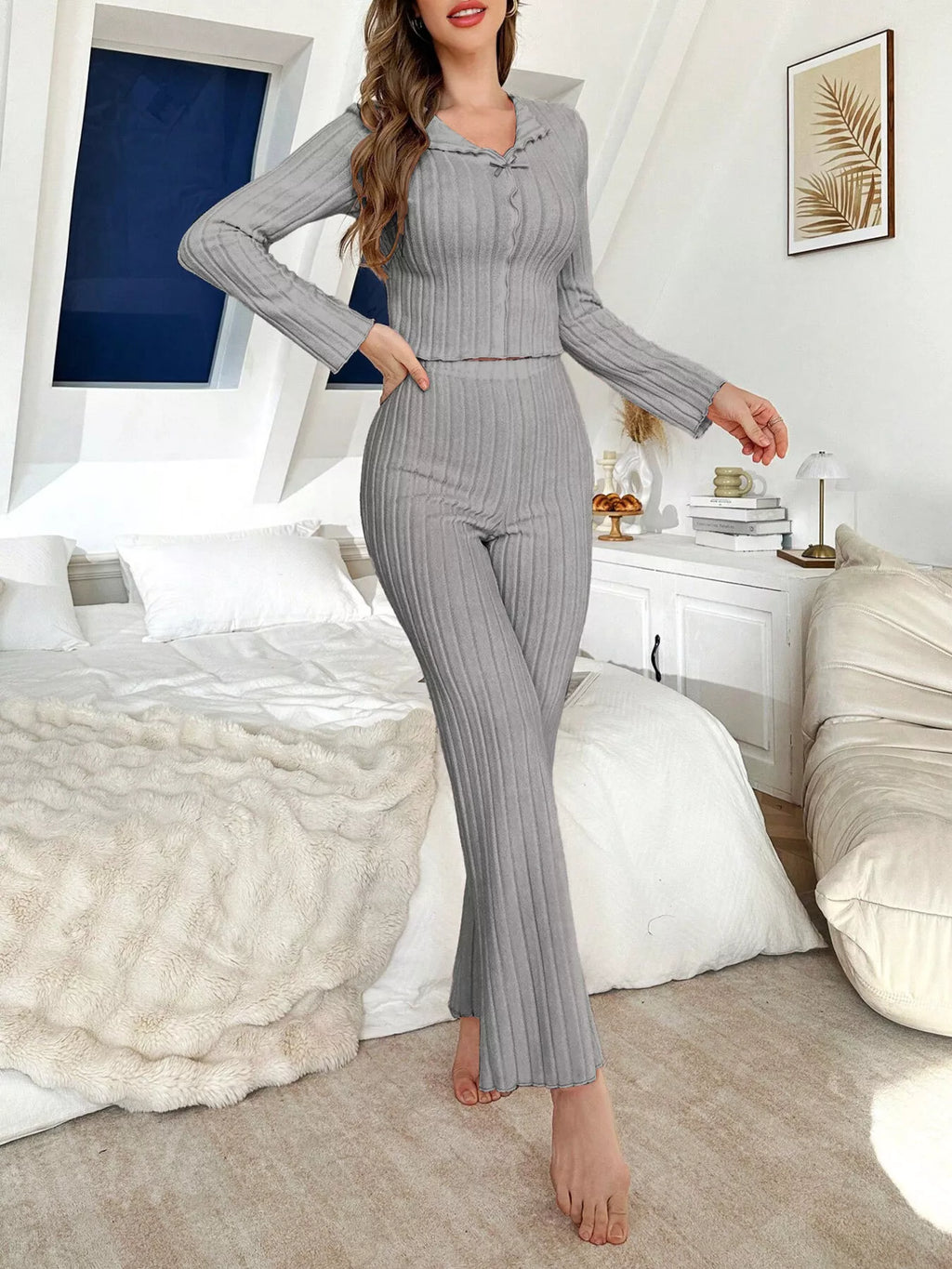 Bow Detail Ribbed Knit Top and Pants Lounge Set