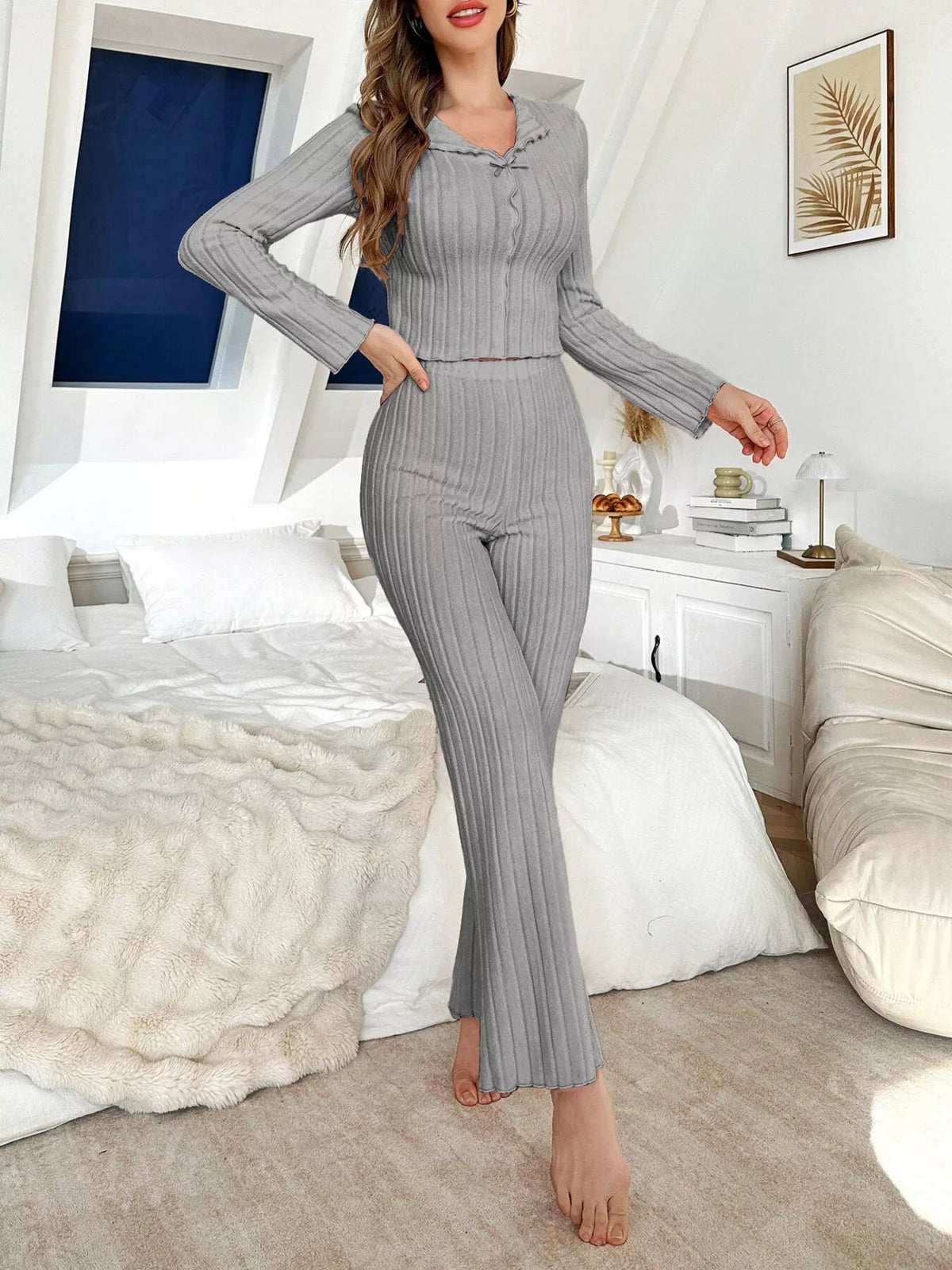 Bow Detail Ribbed Knit Top and Pants Lounge Set