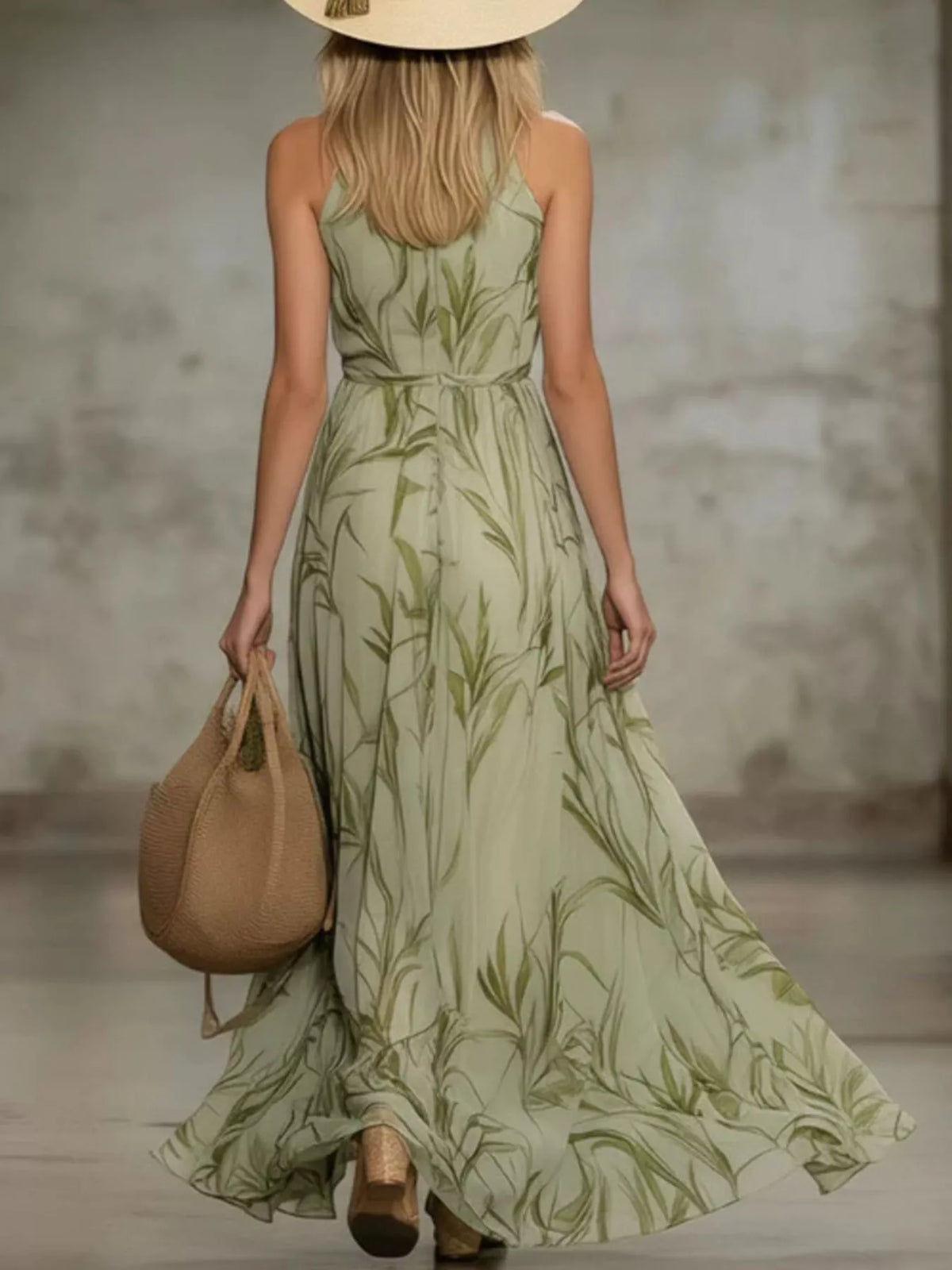 Leaf Print Sleeveless Chiffon Maxi Dress
