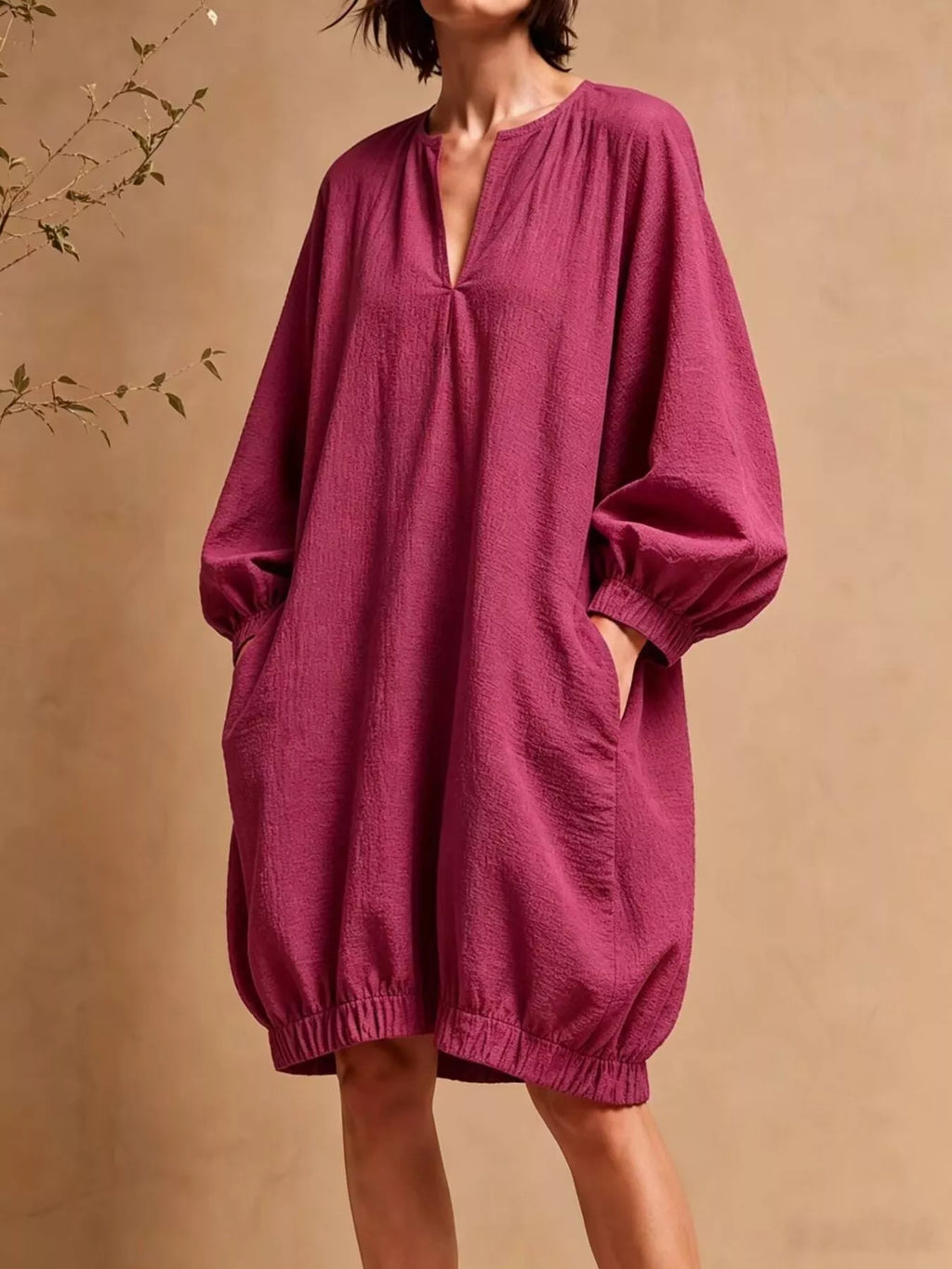 Casual Loose-Fit Balloon Sleeve Mini Dress with Pockets