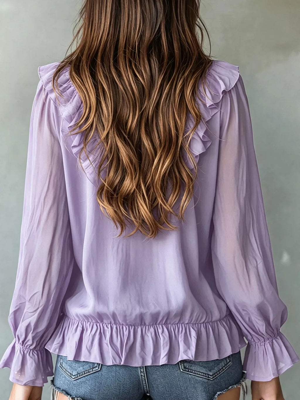 Ruffle V-Neck Long Sleeve Blouse