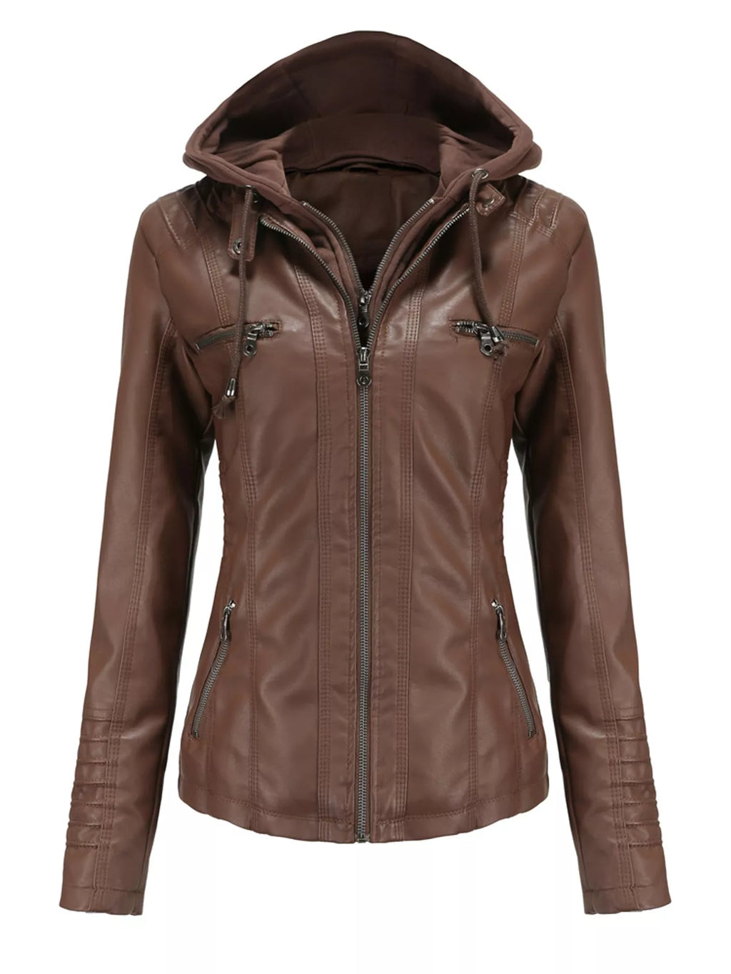 Full Size Detachable Hooded Faux Leather Moto Jacket Plus Size