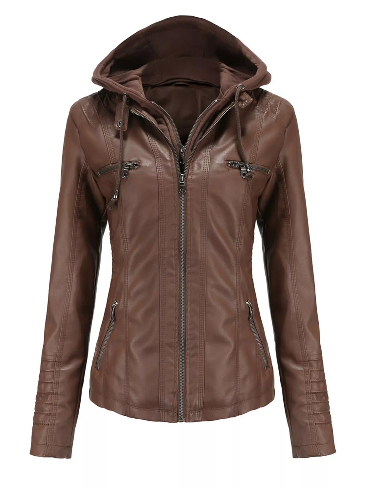 Full Size Detachable Hooded Faux Leather Moto Jacket Plus Size