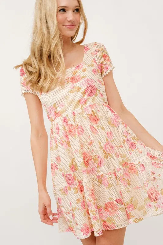 Square Neck Floral Tiered Dress with Fishnet Detailing