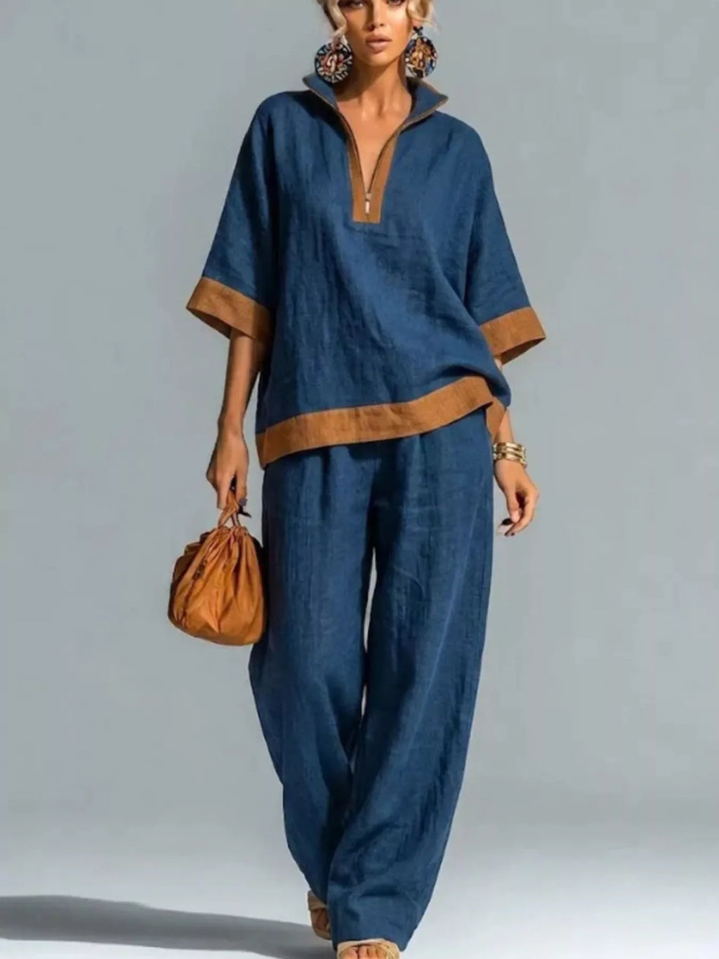 Full Size Contrast Trim Top and Wide Leg Pants Set Plus Size