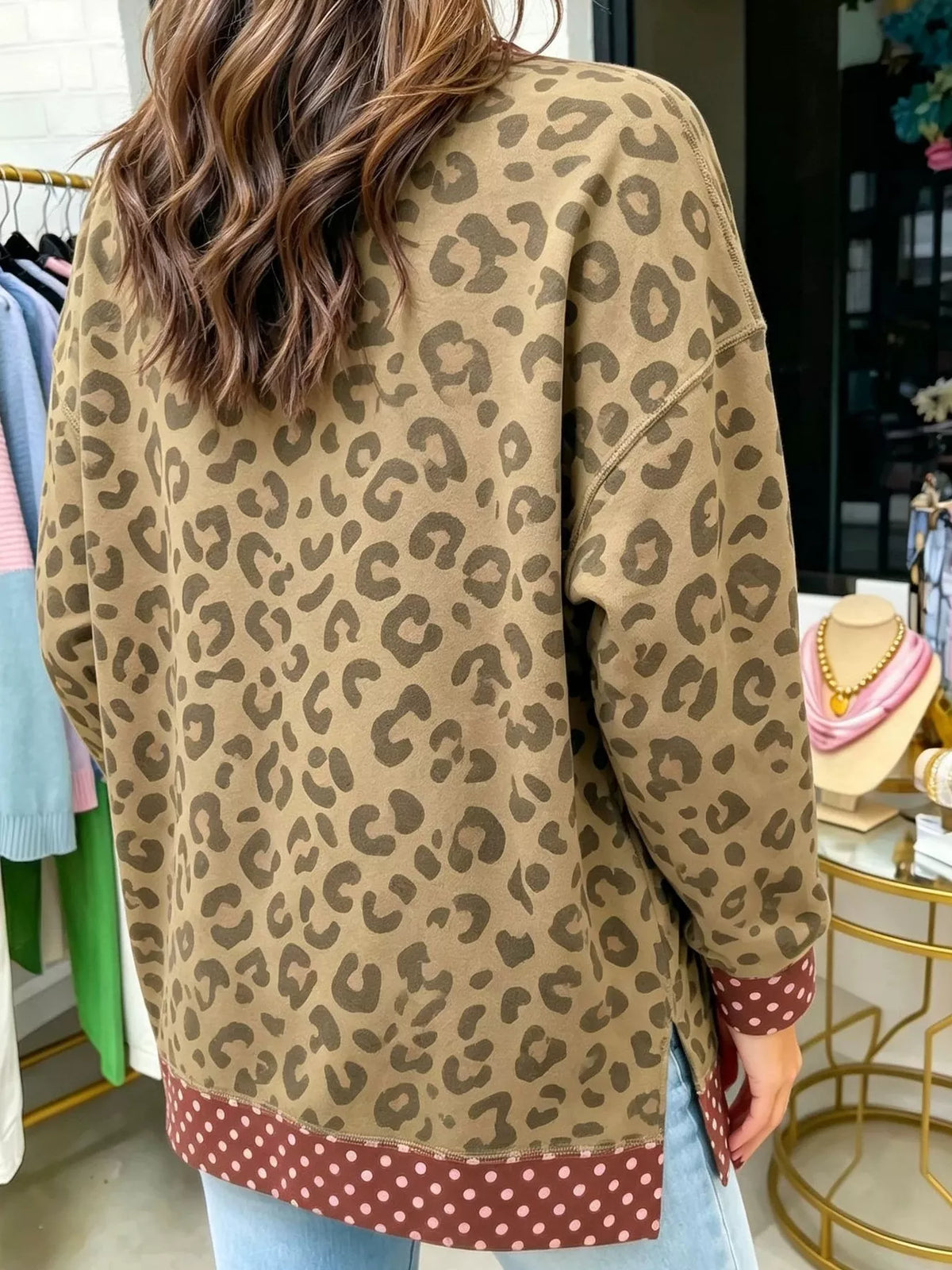 Side Slit Leopard Sweatshirt with Polka Dot Trim