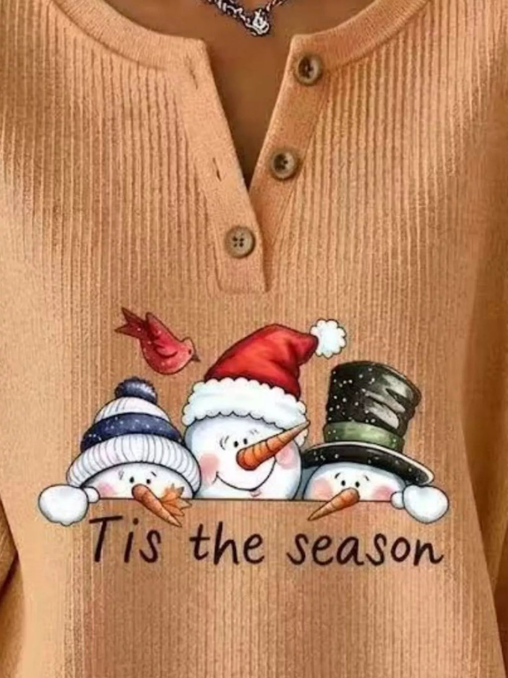 Full Size Christmas Themed Snowman Graphic Ribbed Henley Sweatshirt Plus Size