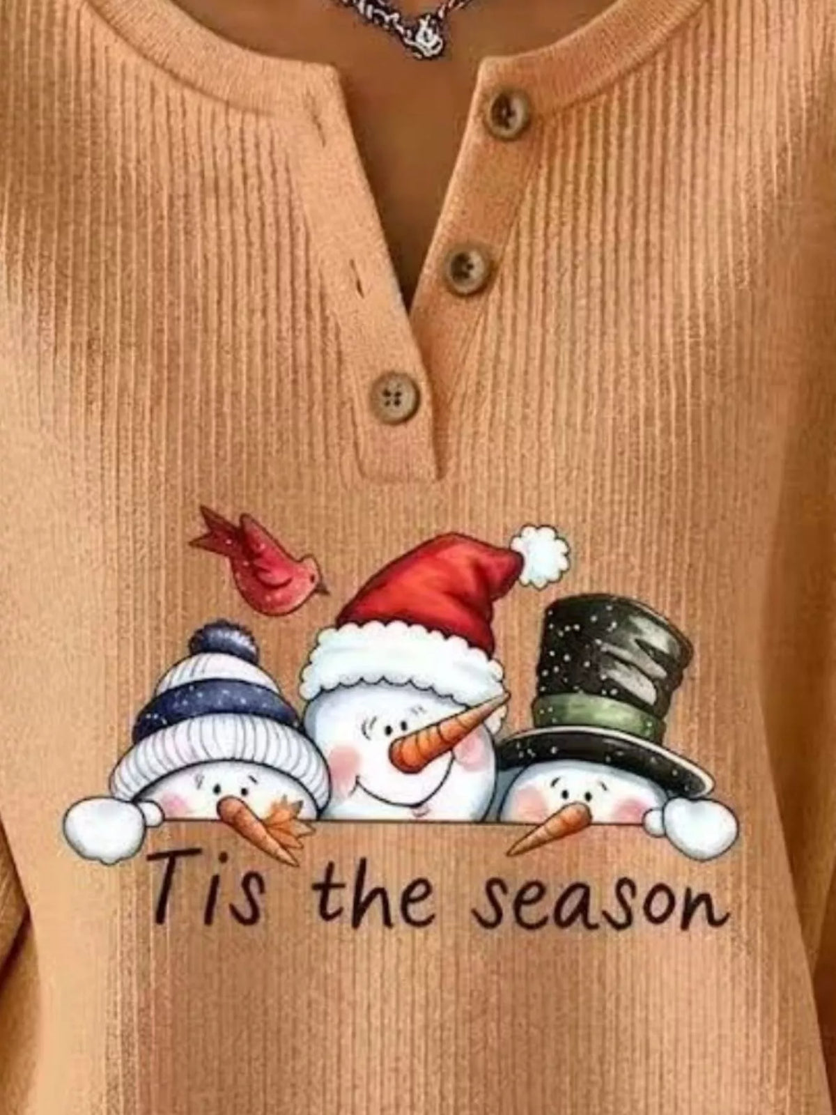 Full Size Christmas Themed Snowman Graphic Ribbed Henley Sweatshirt Plus Size