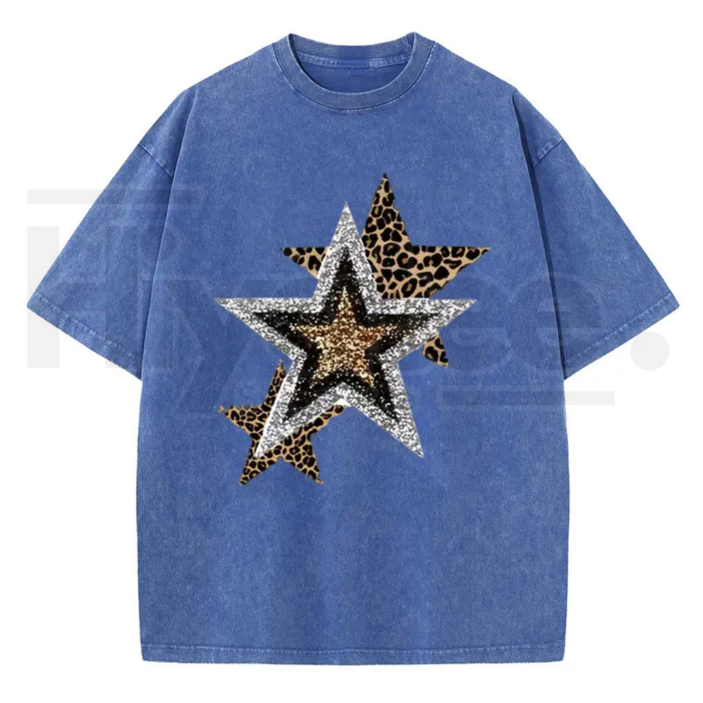 Holafish Outing Street Tee – Acid Wash Leopard Star Graphic Unisex T-Shirt