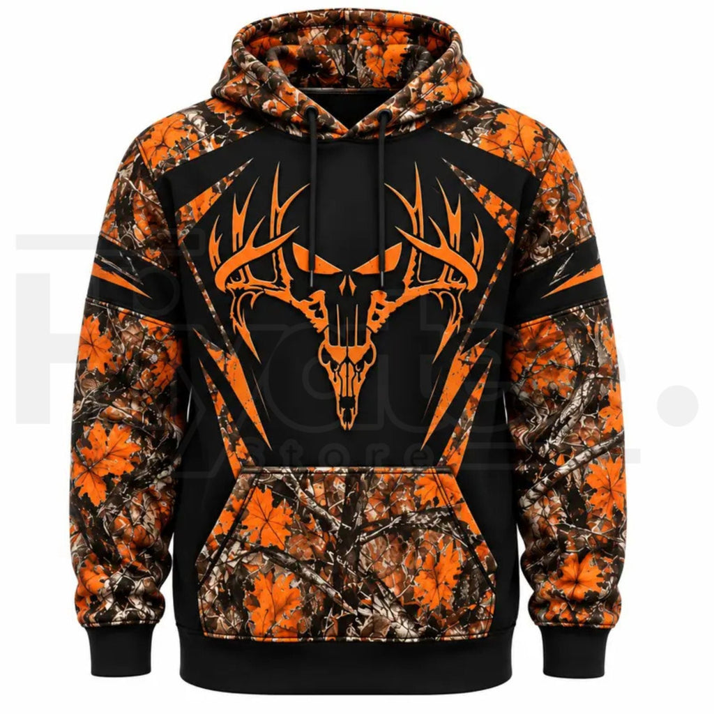 Men’s Camo Deer Skull Graphic Hoodie – Orange Black Color-Block Outdoor Hunting Pullover