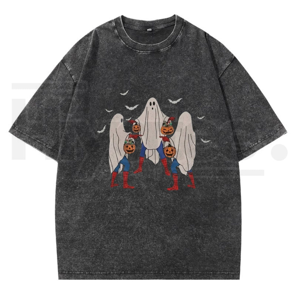 Meme Bedsheet Ghost Pumpkin Bucket Halloween T-Shirt – Vintage Washed Grunge Streetwear Cotton Tee