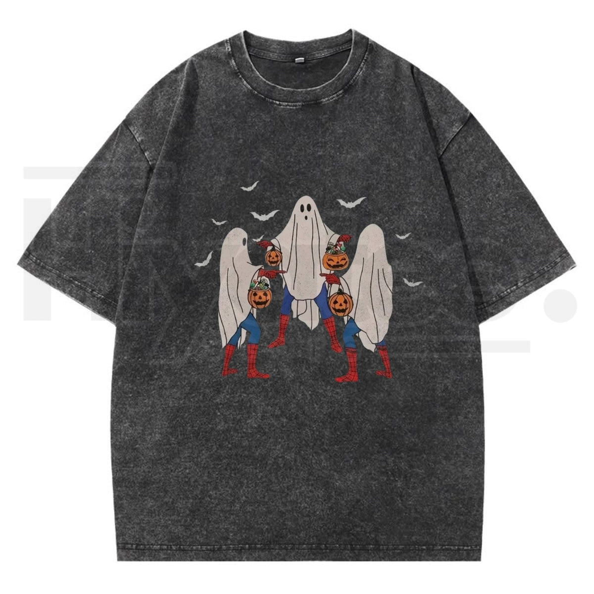 Meme Bedsheet Ghost Pumpkin Bucket Halloween T-Shirt – Vintage Washed Grunge Streetwear Cotton Tee
