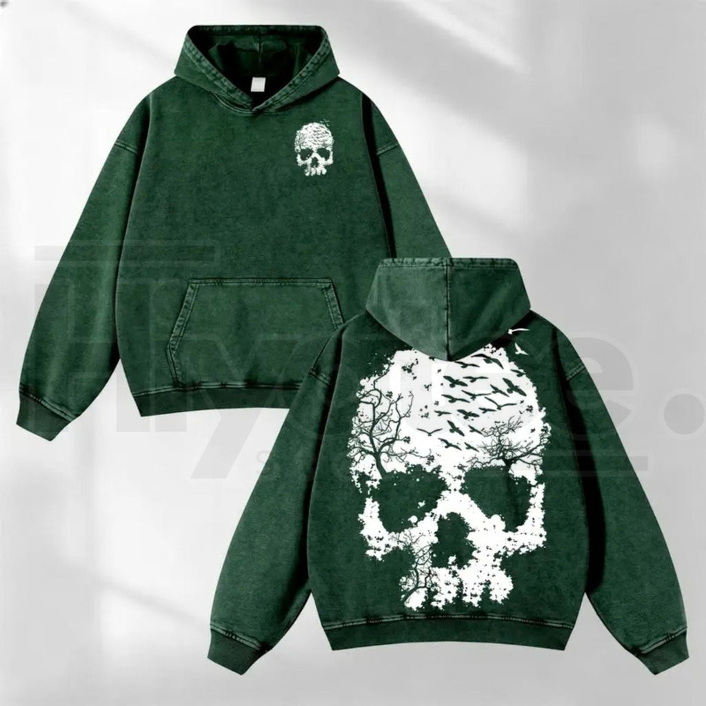 Vintage Washed Skull Print Hoodie – Distressed Skeleton Graphic, Minimal Dark Aesthetic Oversized Sweatshirt