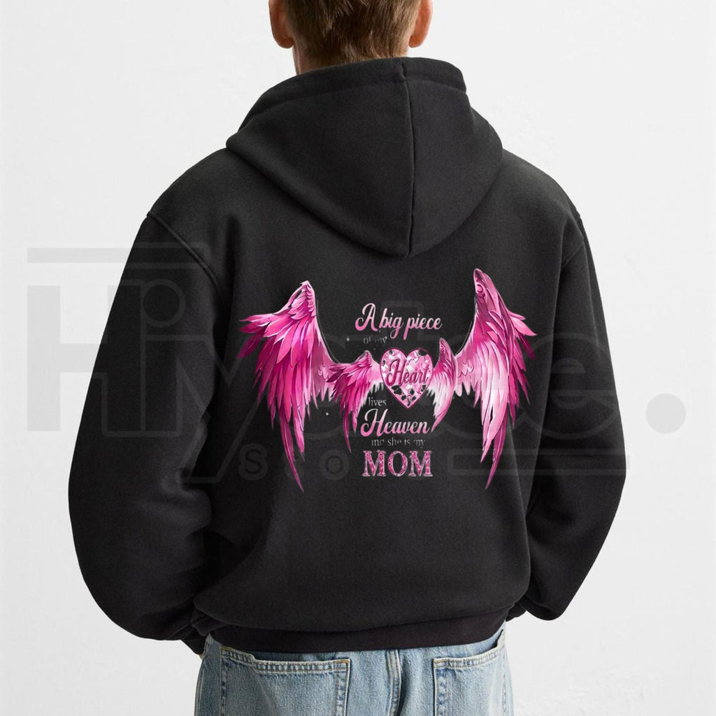 Women’s A Big Piece Of My Heart Lives In Heaven Mom Memorial Back Print Hoodie – Pink Angel Wings Heart Graphic Sweatshirt