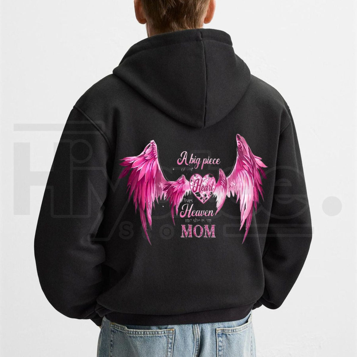Women’s A Big Piece Of My Heart Lives In Heaven Mom Memorial Back Print Hoodie – Pink Angel Wings Heart Graphic Sweatshirt