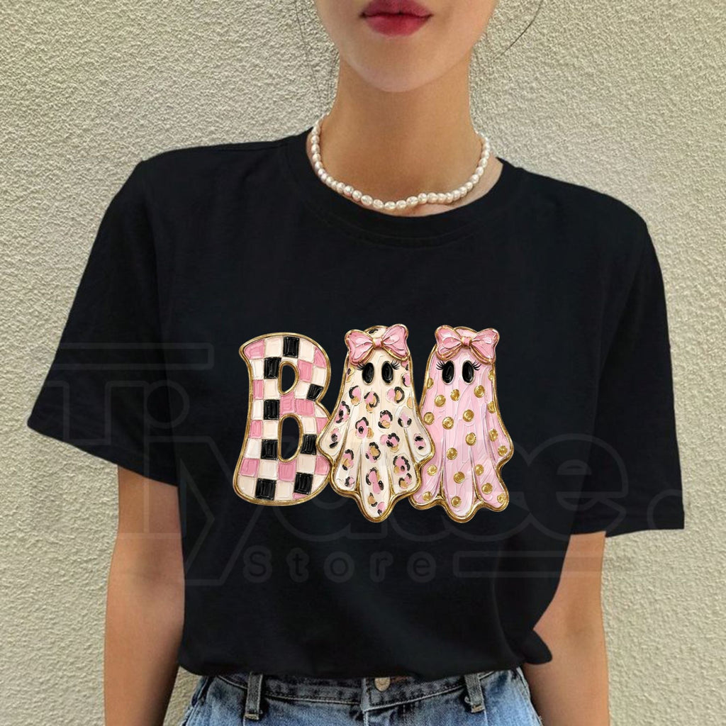 Girly Ghost Boo T-Shirt – Glam Preppy Coquette Bow Halloween Graphic Tee
