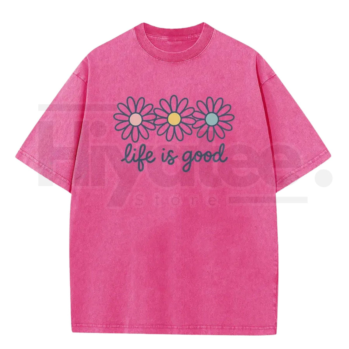 Holafish Acid Wash Daisy Print T-Shirt – Vintage Streetwear Drop Shoulder Graphic Tee