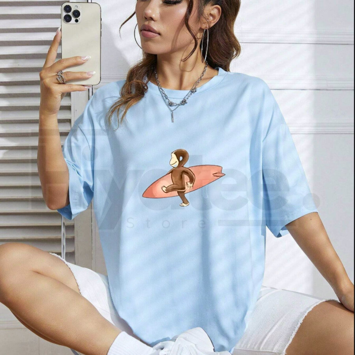 Curious George Surfing T-Shirt – Cute Cartoon Monkey Black Cotton Graphic Tee