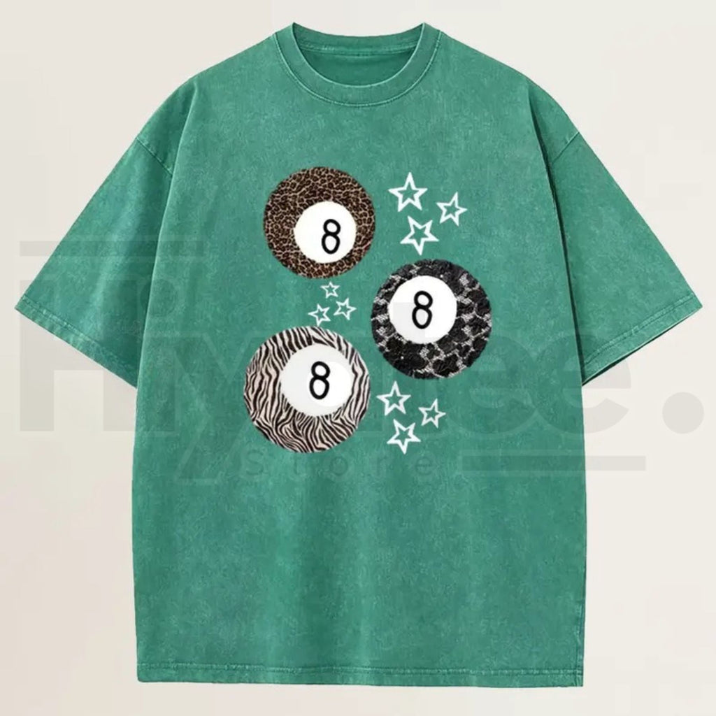 Women's Acid Wash 8 Ball Leopard & Stars Graphic T-Shirt – Retro Streetwear Cotton Tee