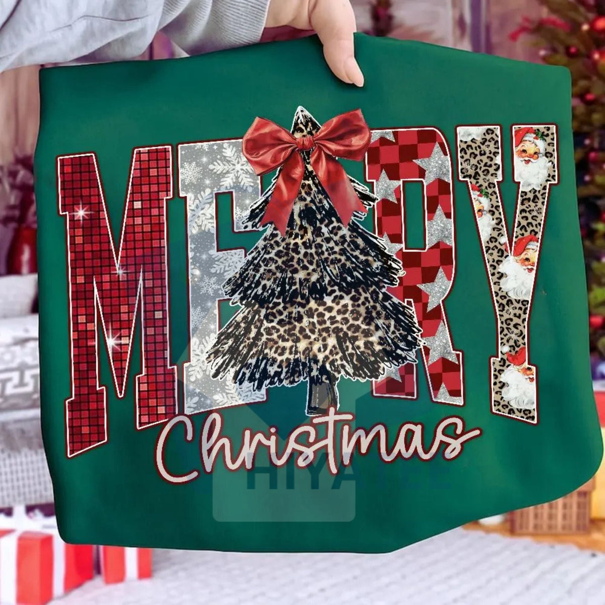 Coquette Merry Christmas Shirt: Checkered Star Leopard Letters