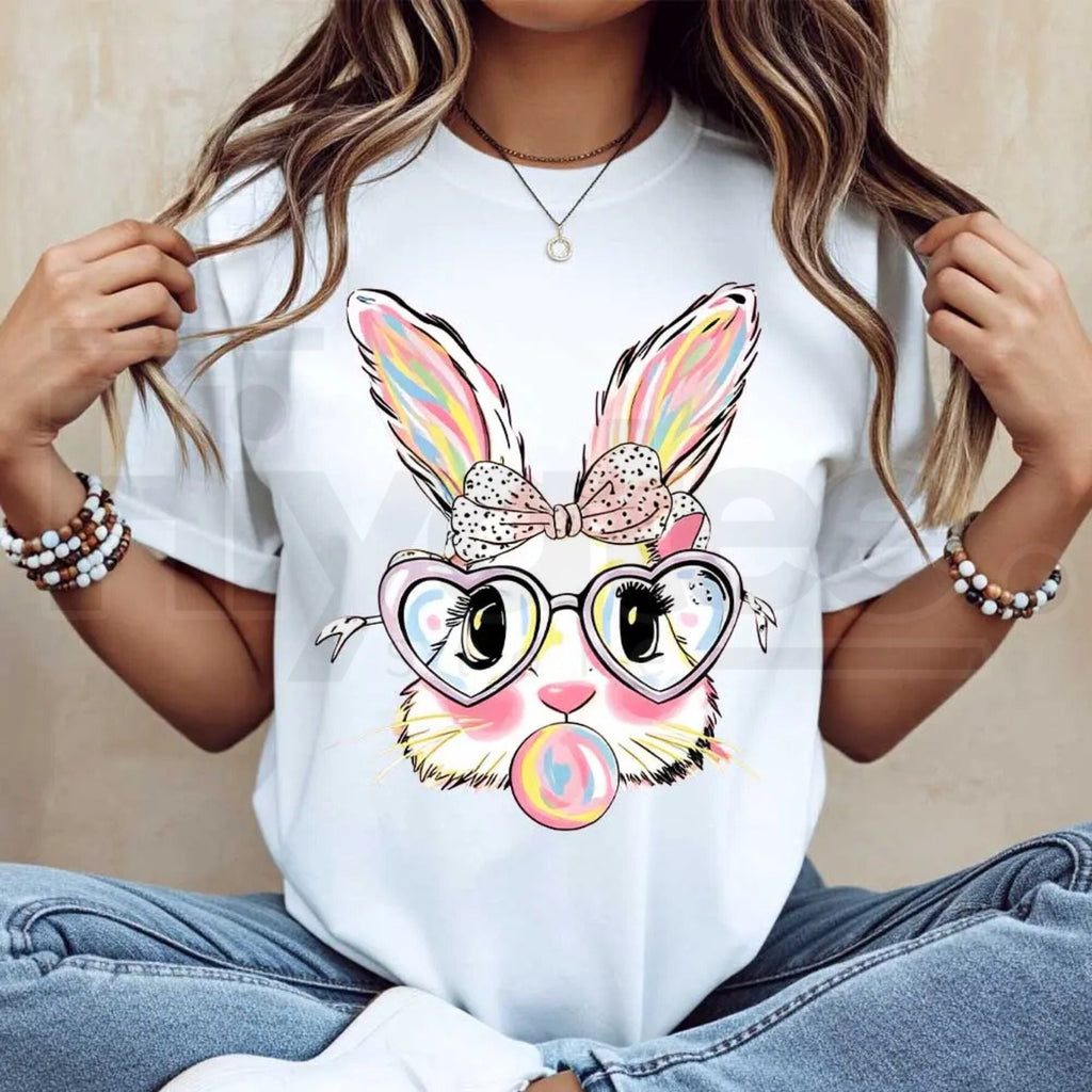 Cute Easter Bunny Bubblegum T-Shirt – Colorful Rabbit with Heart Glasses Tee
