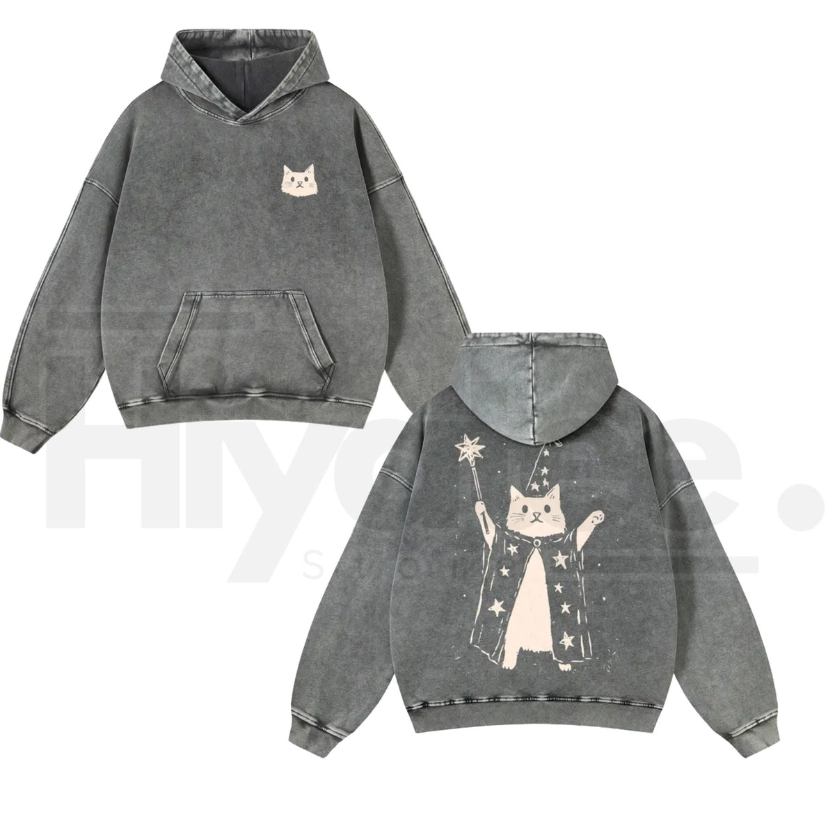 Wizard Cat Graphic Vintage Washed Hoodie – 380g Thick Cotton Blend, Oversize Unisex Pullover