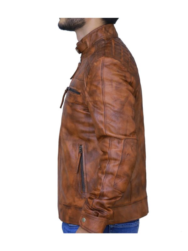 Men's Brown Tan Diamond Leather Biker Jacket