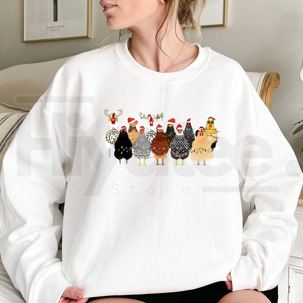Cute Christmas Chickens Sweatshirt, Funny Farmhouse Hen & Rooster Holiday Pullover