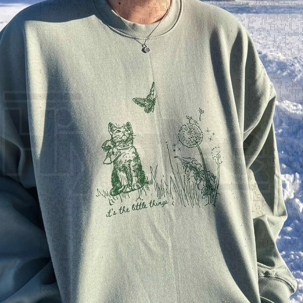 Little Things Sweatshirt: Cute Cat & Nature Crewneck Casual Trendy Pullover