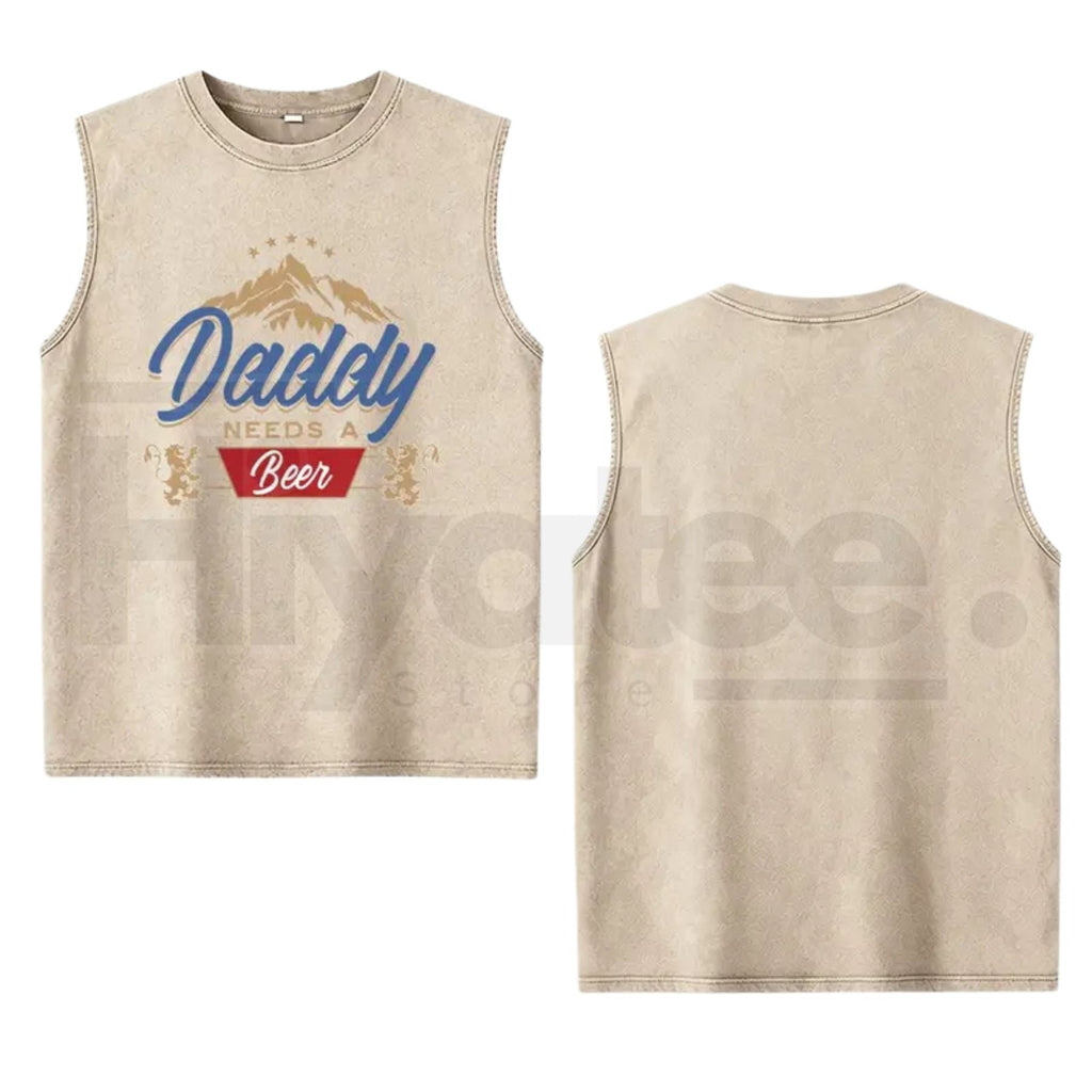 Men's Daddy Needs A Beer Tank Top – Funny Mountain Lion Graphic Washed Vintage Cotton Sleeveless Shirt, Loose Fit Gift for Dad