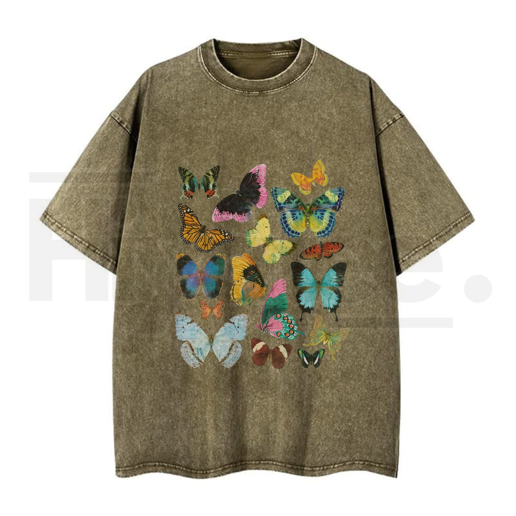 "FLUTTER" Vintage Wash Graphic Tee – Retro Y2K Butterfly Acid Washed Oversized Shirt