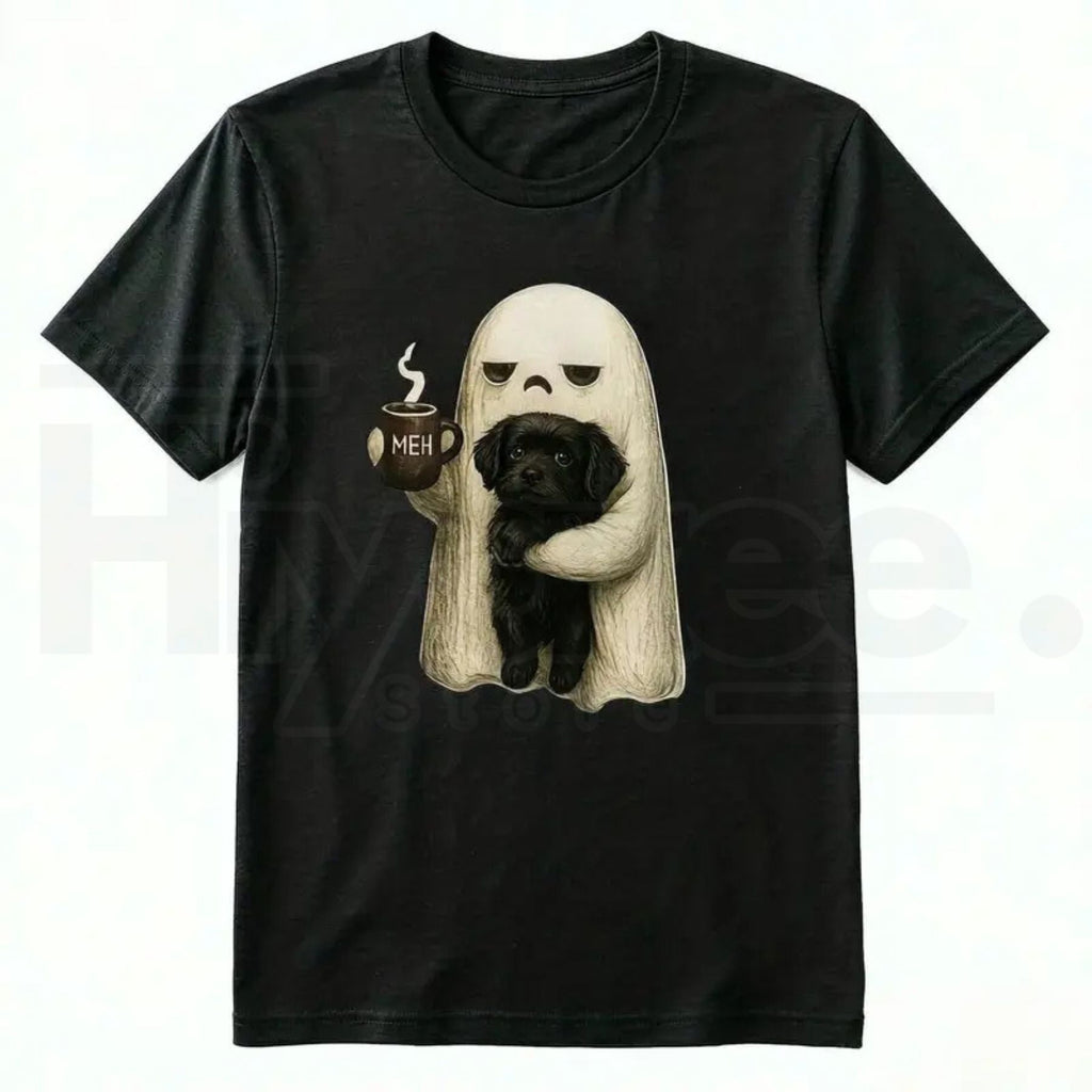 Ghost Cat Halloween T-Shirt – Spooky Black Cat & Coffee Lover Graphic Tee