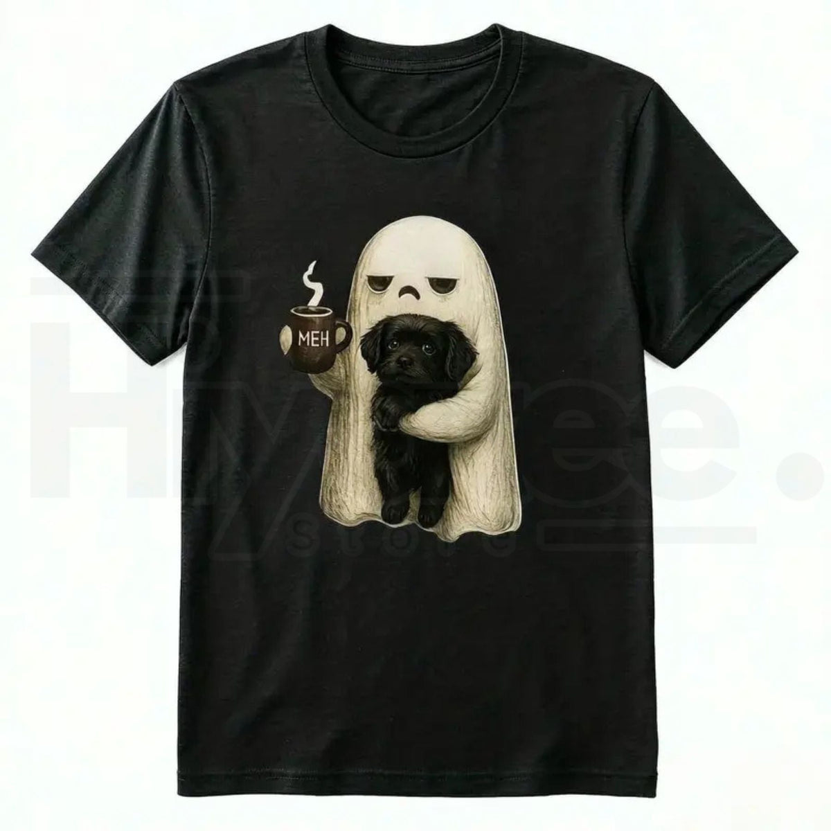 Ghost Cat Halloween T-Shirt – Spooky Black Cat & Coffee Lover Graphic Tee