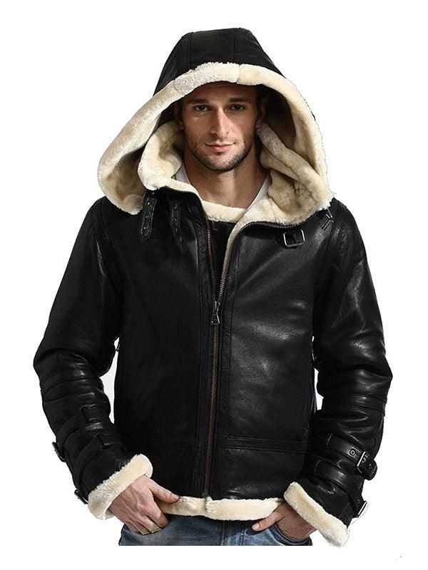Men's Black Hooded B3 Leather Jacket