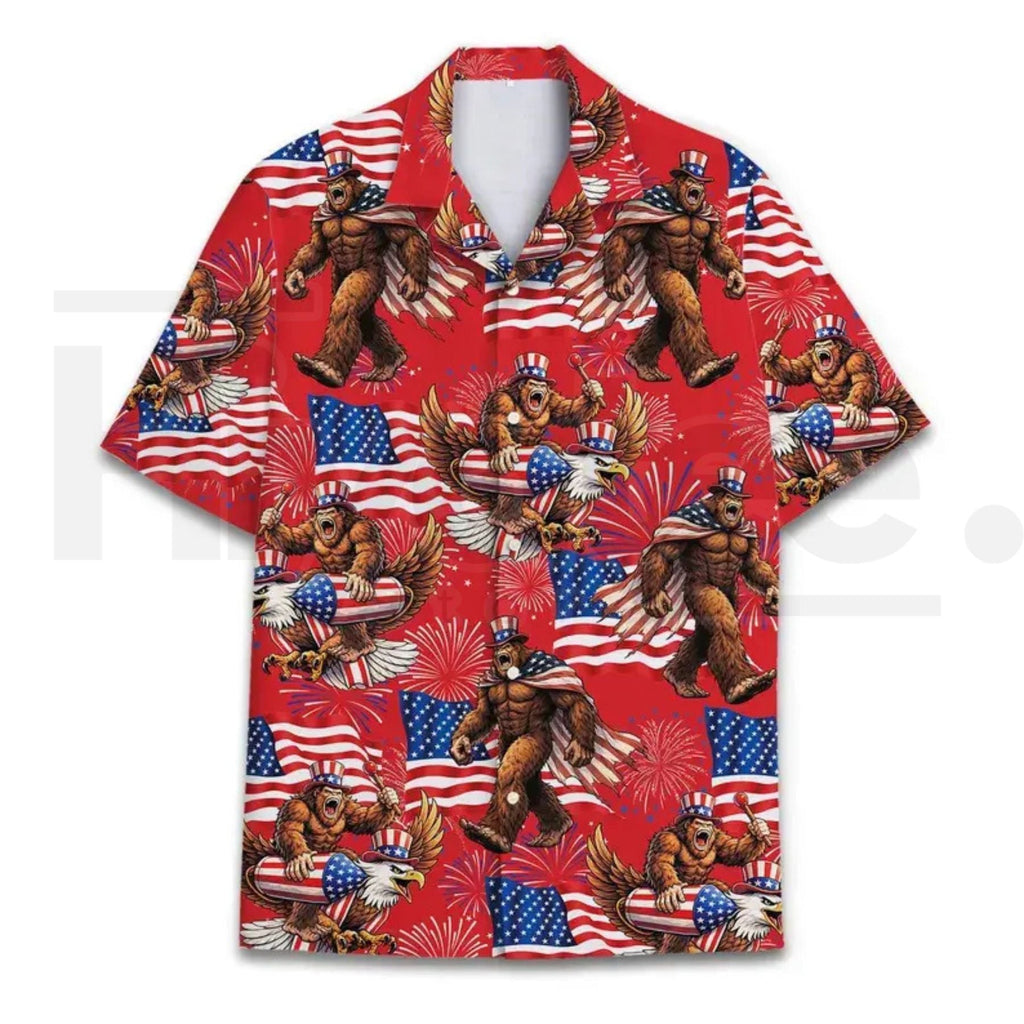 Bigfoot Firework Hawaiian Shirt – Patriotic Aloha Shirt, USA Flag Print, Summer Vacation Party Wear, Gift For Him