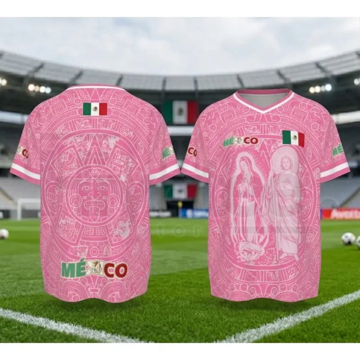 Light Pink Virgencita & San Juditas Mexico Soccer Jersey – 2026 World Cup Fan Gear, Mexican Culture Style Sports Shirt for Men