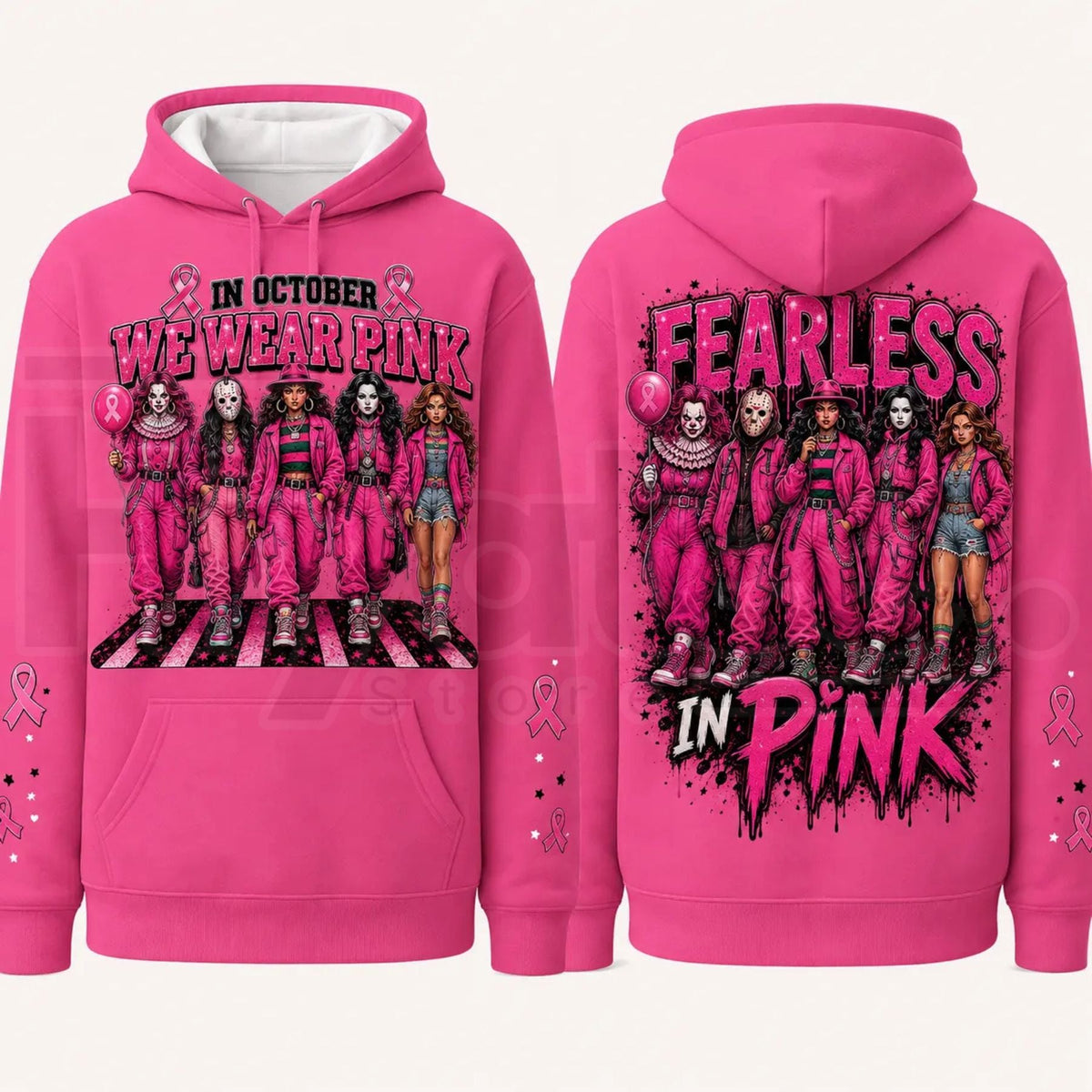 Pink Horror October Hoodie – In October We Wear Pink Scary Movie Character Pumpkin Bat Graphic Pullover