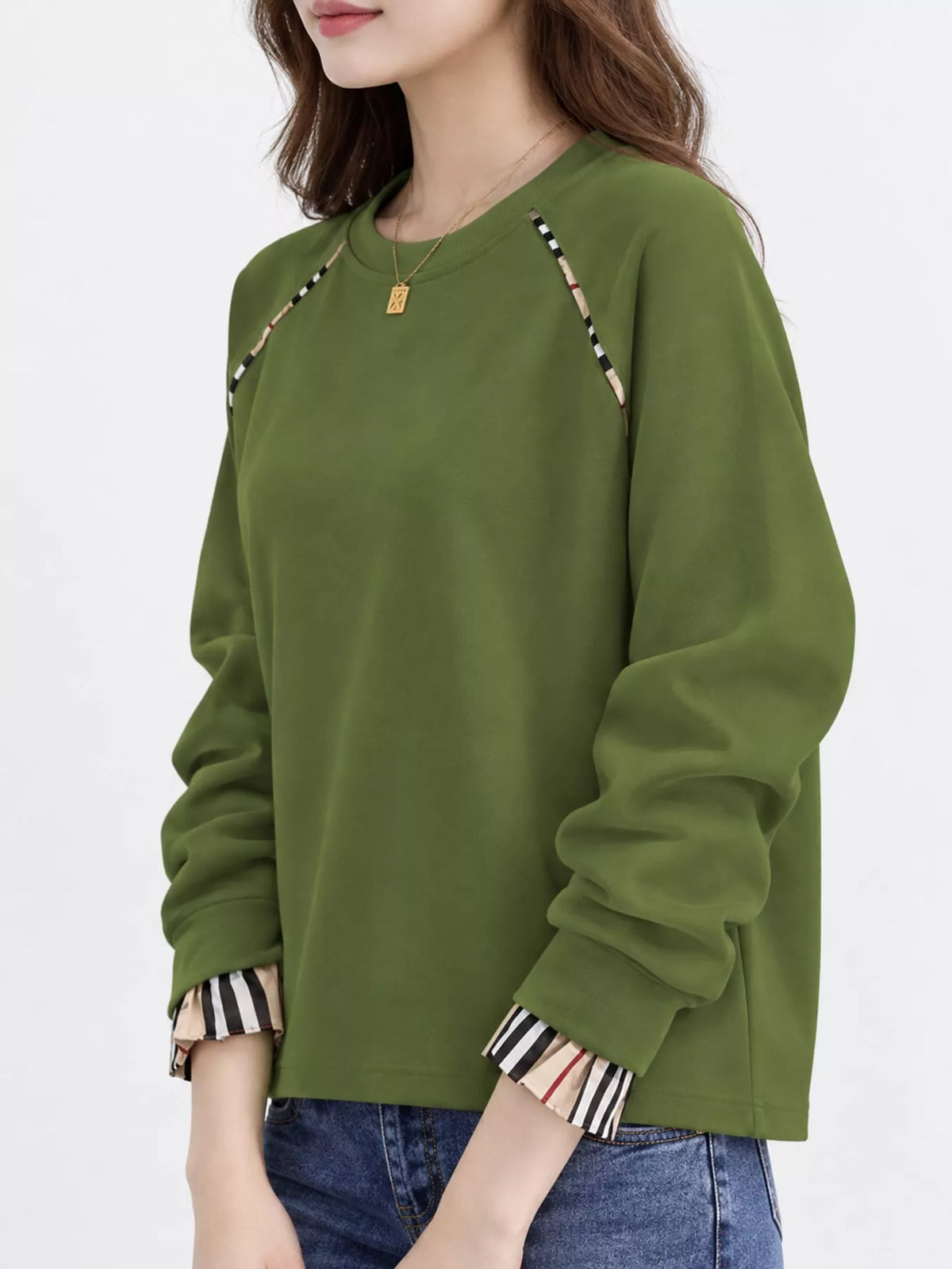 Plaid-Trimmed Crew Neck Sweatshirt